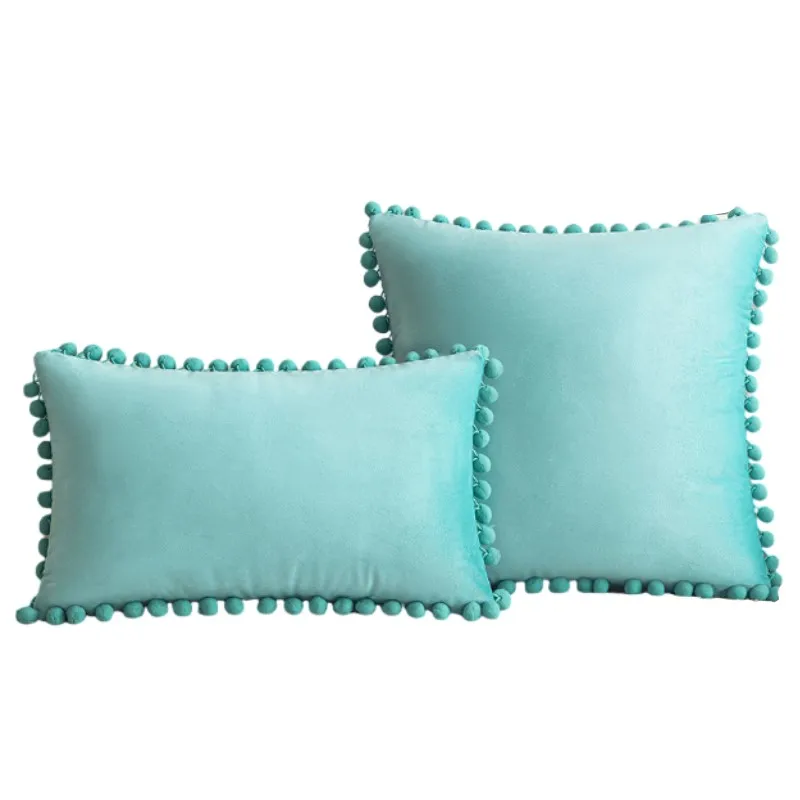 Water Green Velvet Couch Pillow Covers 30x50cm 45x45cm Cozy Soft Square Throw Pillow Case with Pom-poms for Farmhouse Home Deco