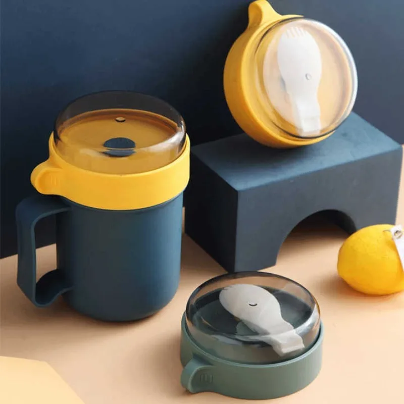 500ML Portable Breakfast Cup Oatmeal Cup Cereal Nut Yogurt Mug Snack Cup Soup Mug Microwave with Lid Spoon for Kitchen Tools