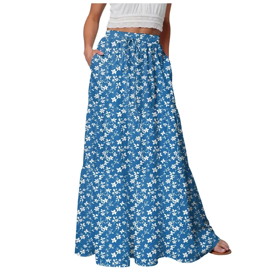 Summer Maxi Skirts For Women Bohemian Floral Print Beach Skirt Elastic Waist A-Line Flowy Long Skirts With Pockets Faldas