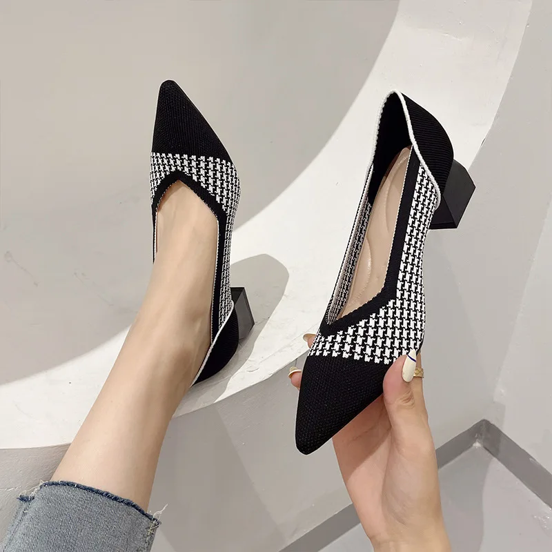 Women shoes fashion color-blocking high-heeled shoes pointed thick heel knitting fashion breathable non-slip 2023 new spring aut