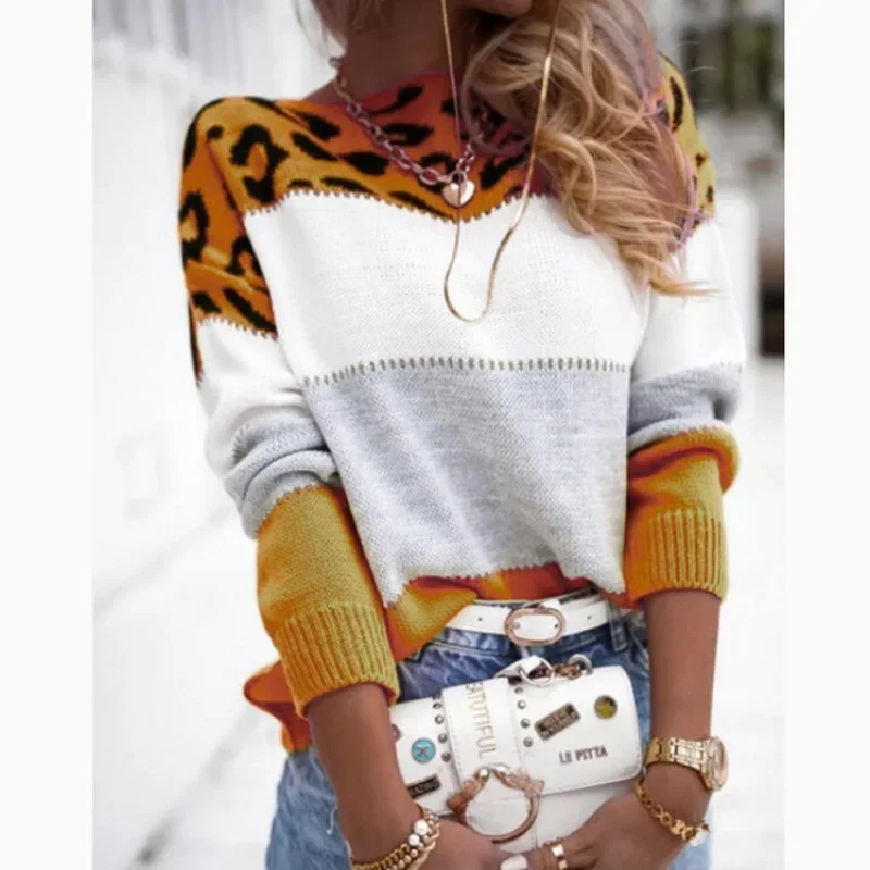 

Color Block Leopard Slip Round Neck Casual Sweater Autumn/Winter New Women's Clothing Knitted Top Pullover