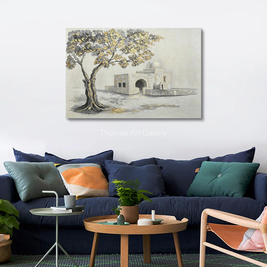 Judaism Canvas Wall Art Rachel Tomb Pink Gold Abstract Jewish Painting Jerusalem Olive Tree HD Printed for Home Office Study