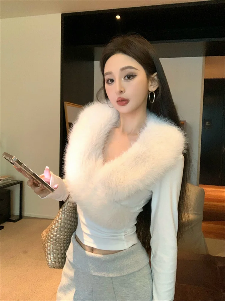 

Женские футболки с длинными рукавами и меховым воротником в стиле ретро, осень 2025, новинка Slim Fit Pure Desire, нишевые короткие тонкие топы, модная футболка