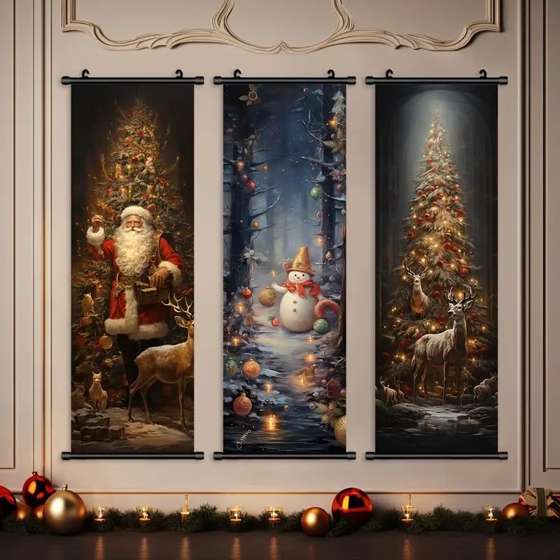 VIKAMA Vintage Christmas Wall Scroll Tapestry Santa Claus Snowman Xmas Tree Deer Winter Oil Painting Hanging Scroll Holiday