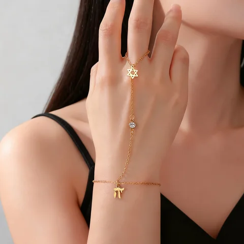 Skyrim Star of David Chai Clear Zircon Finger Bracelet Women Stainless Steel Gold Color Bracelets Amulet Jewish Jewelry Gift