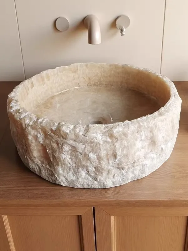 

Light luxury Natural Marble Songxiang Jade Terrace Wash Hands Basin Advanced Creativity Retro Round Shape Wash Your Face Basin