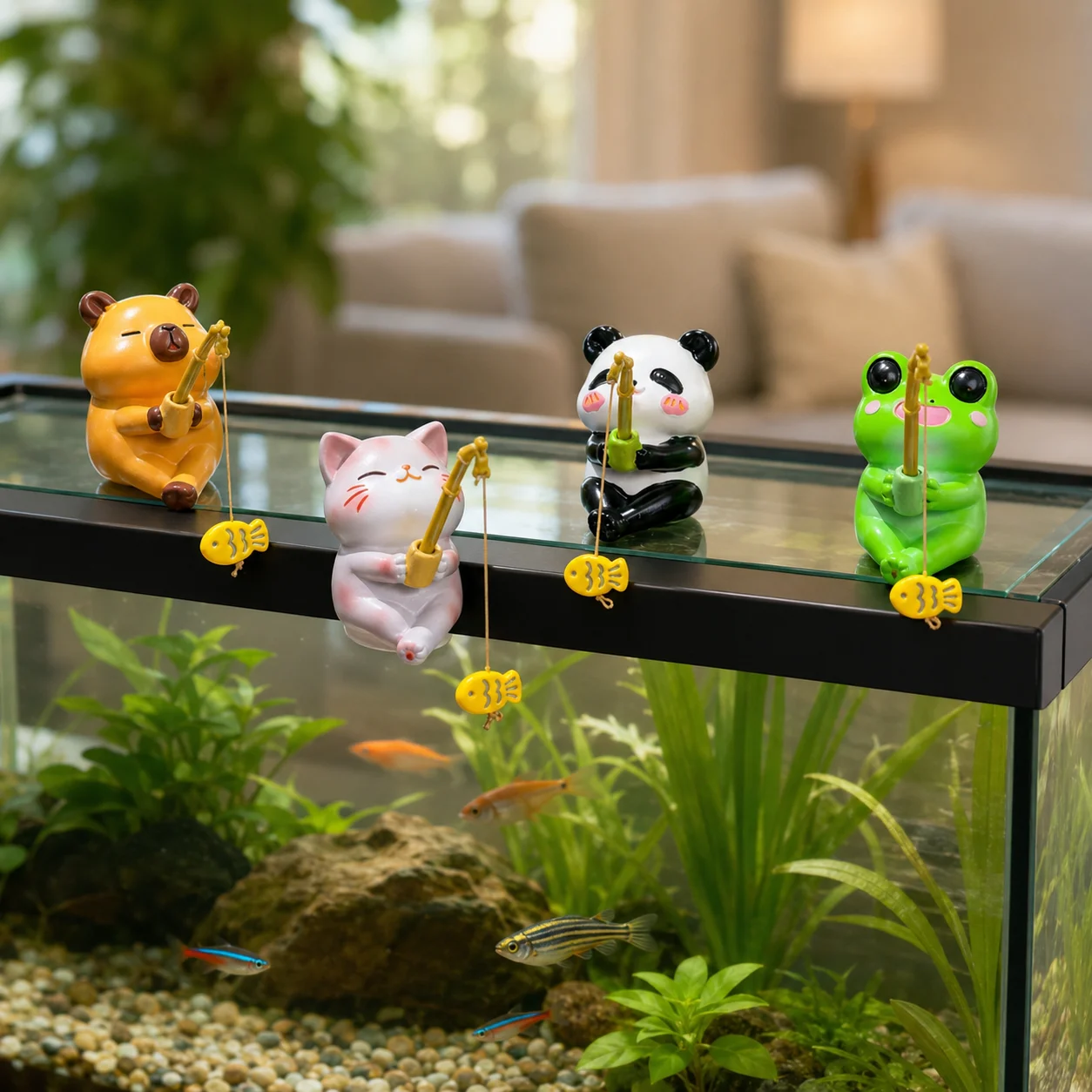 Mini Fishing Animal Figurine Cute Frog Cat Panda Capybara Car Dashboard Monitor Aquarium Home Desk Decoration Ornament Gift