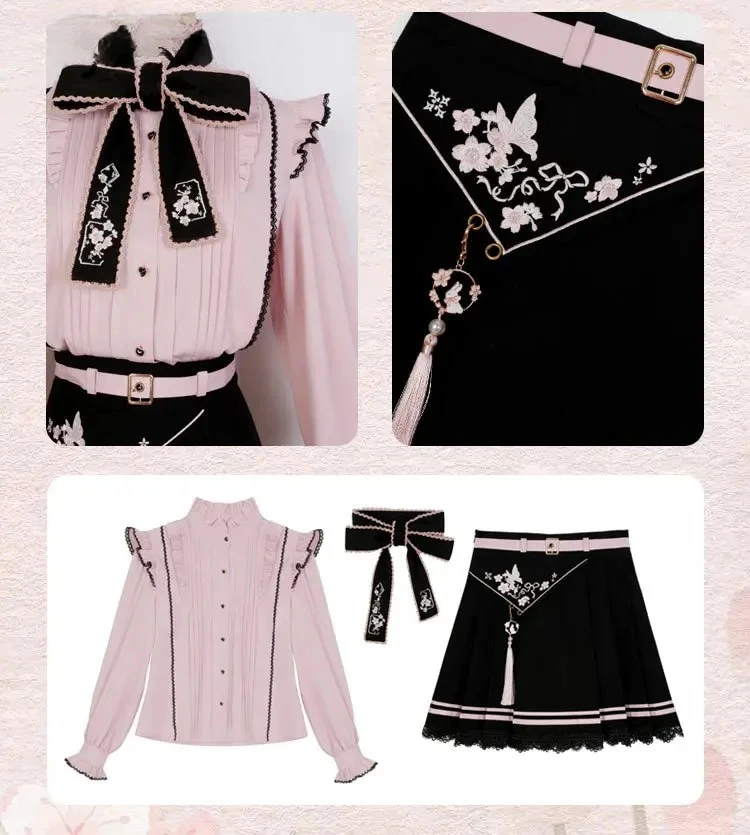 

Original Sweet Beautiful Woman Chinese Style Improved Daily Long-sleeved Shirt and High Waist Skirt Two-piece Suit Spring Summer