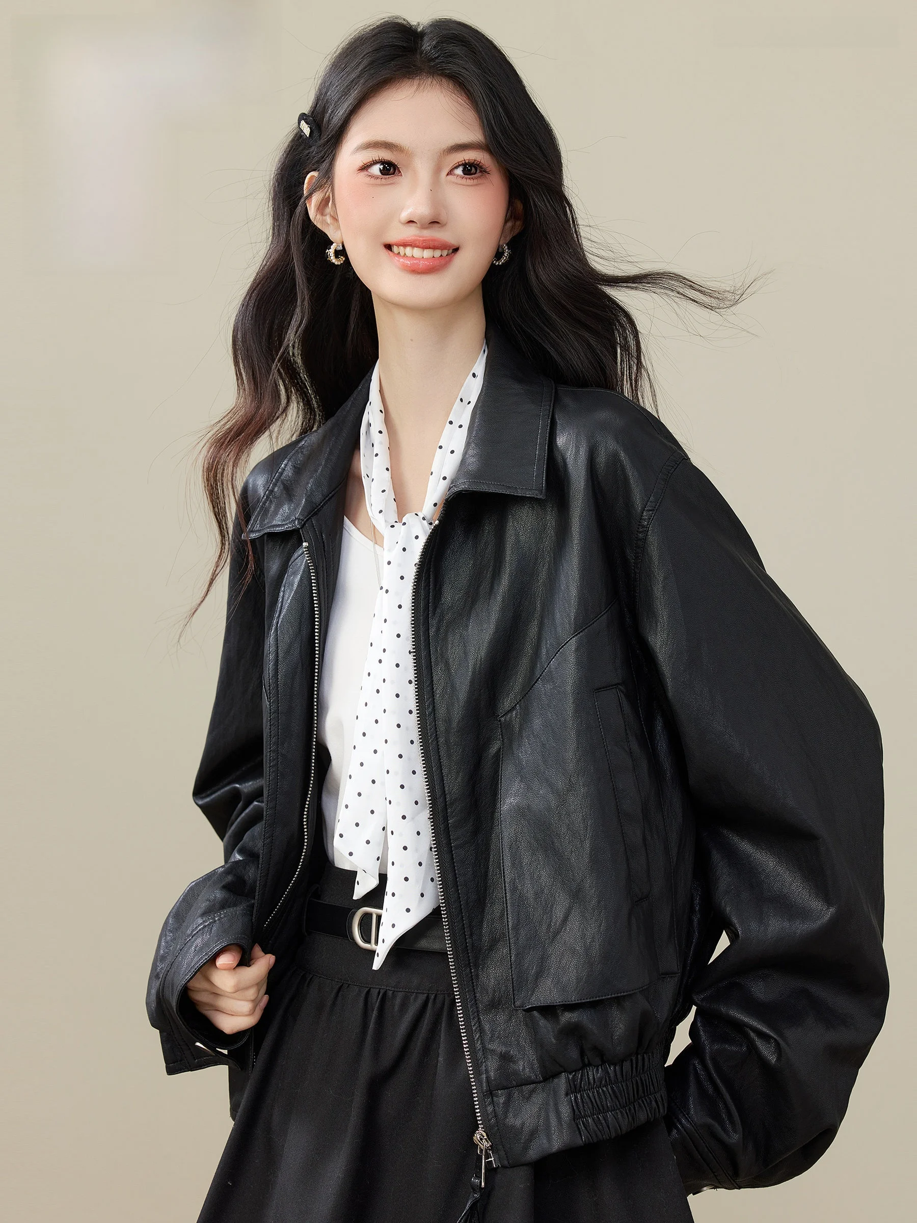 Lingjiu アメリカンレトロブラックショートレザージャケット女性の秋冬デザインセンスショートコートトップカジュアルスタイルルーズフィット