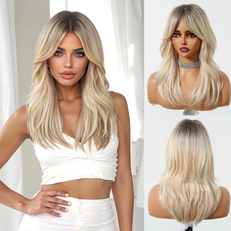 

A 20-Inch Gradient Gold Natural Wavy Synthetic Hair Is Suitable For Women'S Daily Parties, Halloween And Carnival Cosplay Wigs