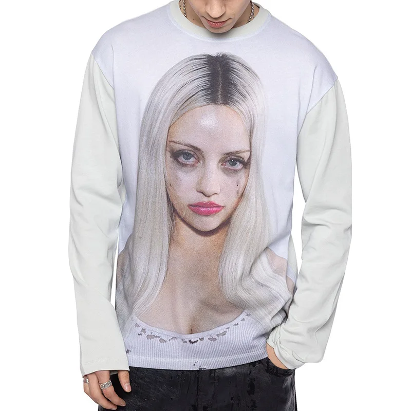 Autumn/Winter street fashion round neck long sleeve T-shirt, American INS style portrait printing design, unisex casual T-shirt.