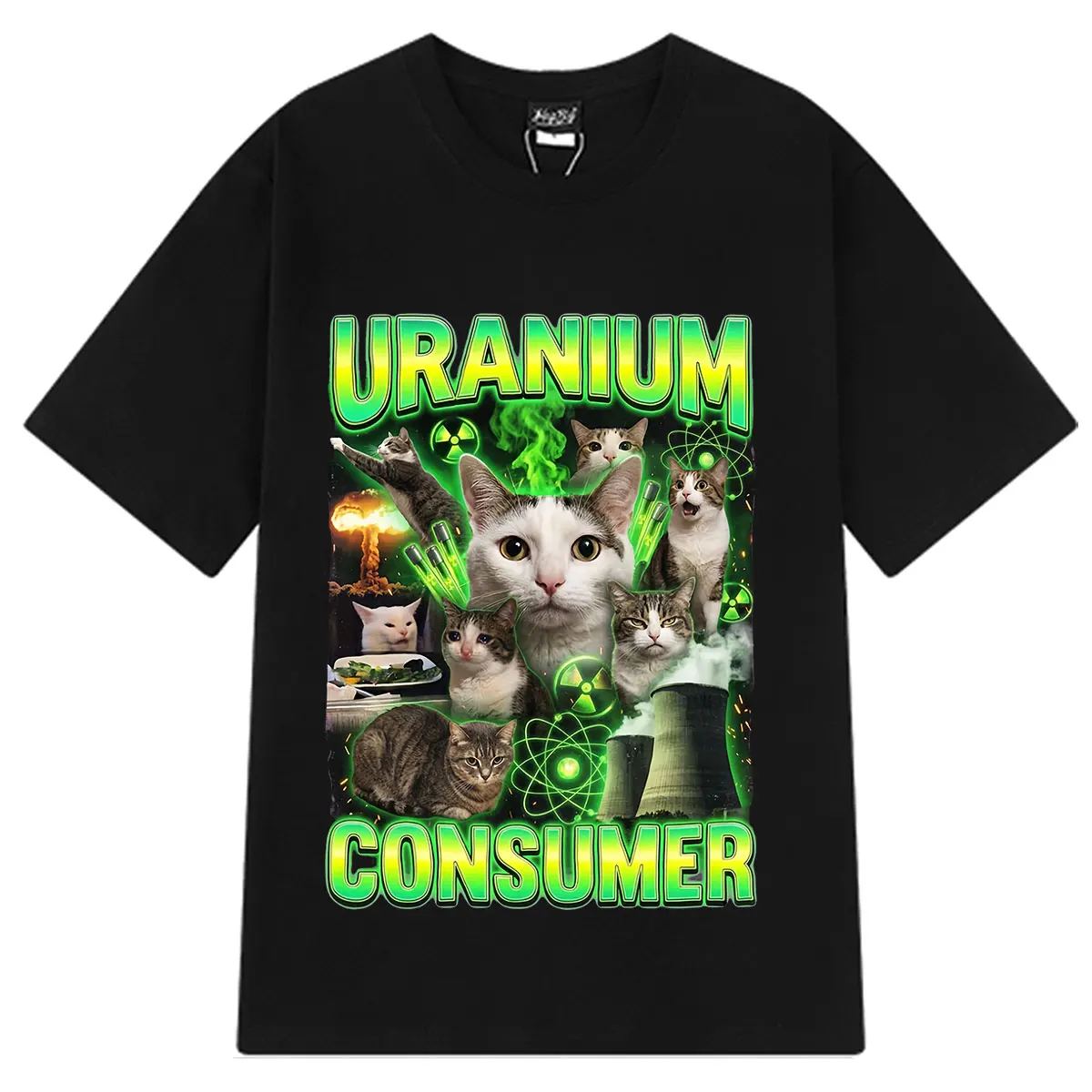 T-shirt humoristique avec motif de chat consommateur d'uranium, vêtements à la mode pour hommes et femmes, t-shirts décontractés en coton à manches courtes surdimensionnés