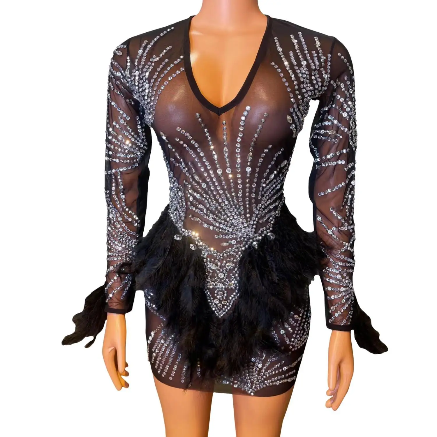 

Vestidos Sexy Diamond Feathers Short Cocktail Dresses Women Banquet Birthday Hip Wrapped Dress Plus Size Night Club Mini Dress