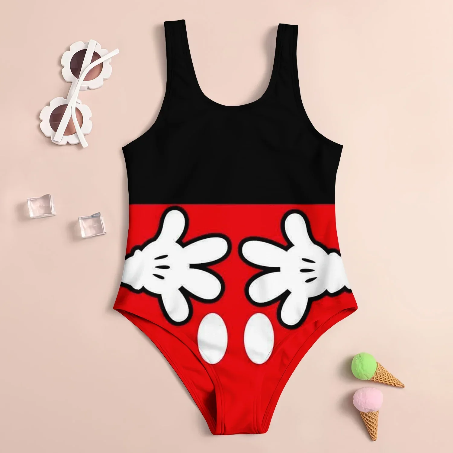 MINISO Disney Mickey Mouse Girl Swimsuit Children's Swimsuit 3D Cartoon Print Cute Sand Swimsuit Fashion Children's Clothing