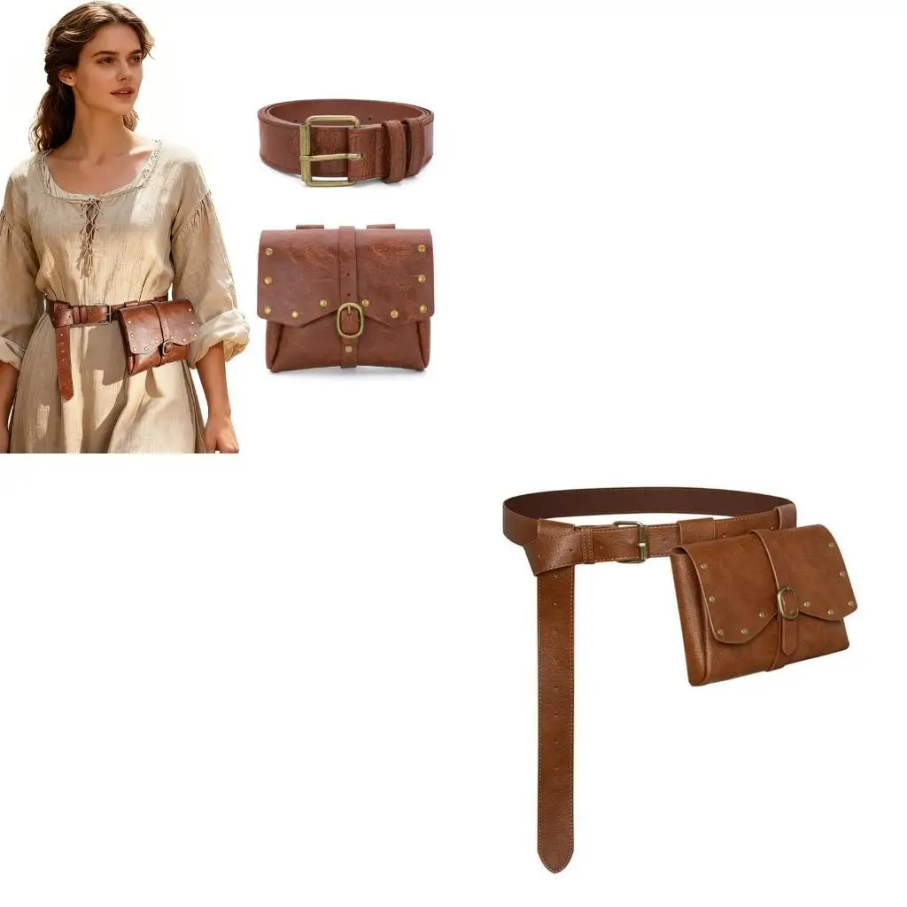 39BD Photo Styling Waist Bag Belt Set for Adults, Distressed PU Flap Bag Accessory with Adjustable Waist Strap Design