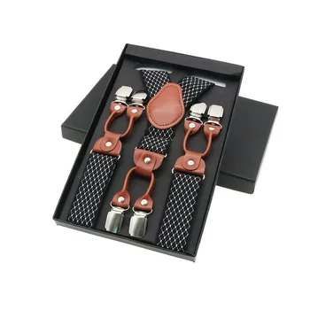 Szelki męskie z 6 klipsami na co dzień modne szelki eleganckie brązowe syntetyczna skóra koszula szelki regulowany pasek pasek prezent dla taty