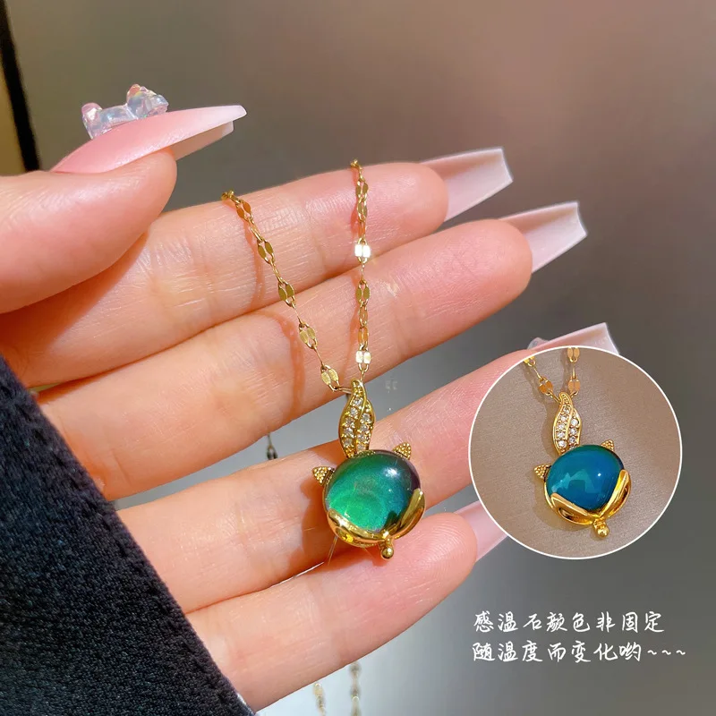 Candy Color Fox Head Pendant Necklace For Women Simple Design Temperature-sensitive Crystal Stone Animal Choker Party Jewelry