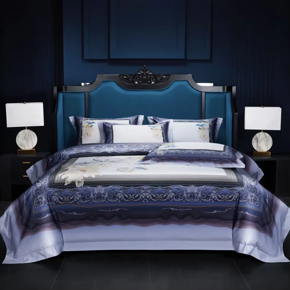 

100S длинноволокнистая хлопковая простыня с цветочным растением и цифровой печатью, пододеяльник, пододеяльник, постельное белье, синий комплект постельного белья из 4 предметов