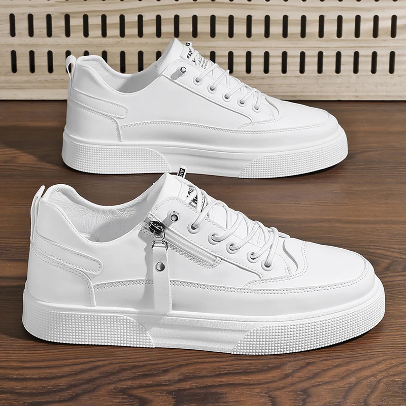 Men's Side Zipper Leather Sneakers | Casual Low-Top Skate Shoes | Comfortable Walking Trainers