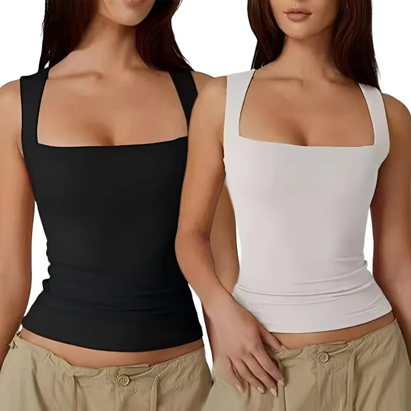 Damen Slim Fit Weste mit eckigem Ausschnitt, doppellagiges ärmelloses Tanktop, weiches Stretch-Camisole mit breiten Trägern, Sommer Basic Casual