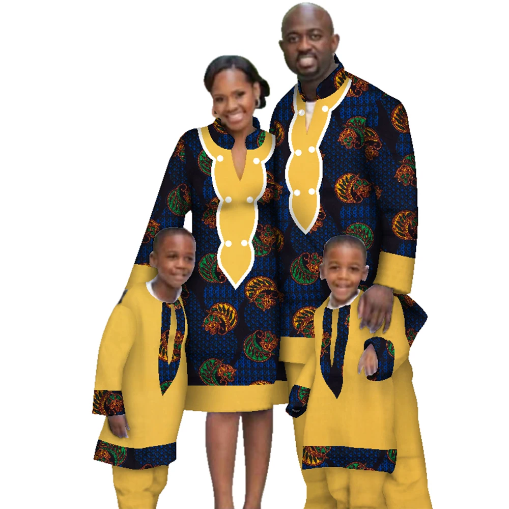 Casual Family Matching Clothes Father Mother Son Long Sleeve Men Top and Pants Sets Women Dress African Print Clothing WYQ117