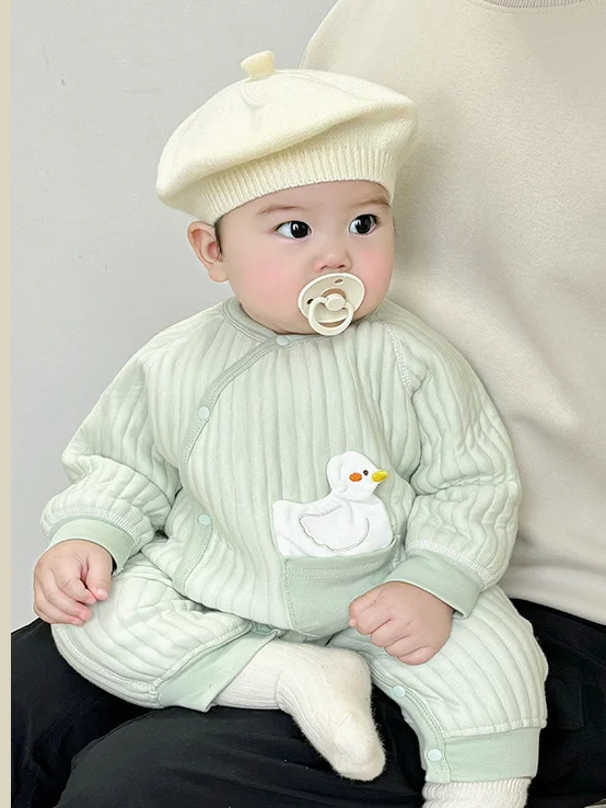 Adorável Thiened algodão bebê Rer outono inverno casa lazer solto terno aderente redondo Ne Long Sve botão único Clo...