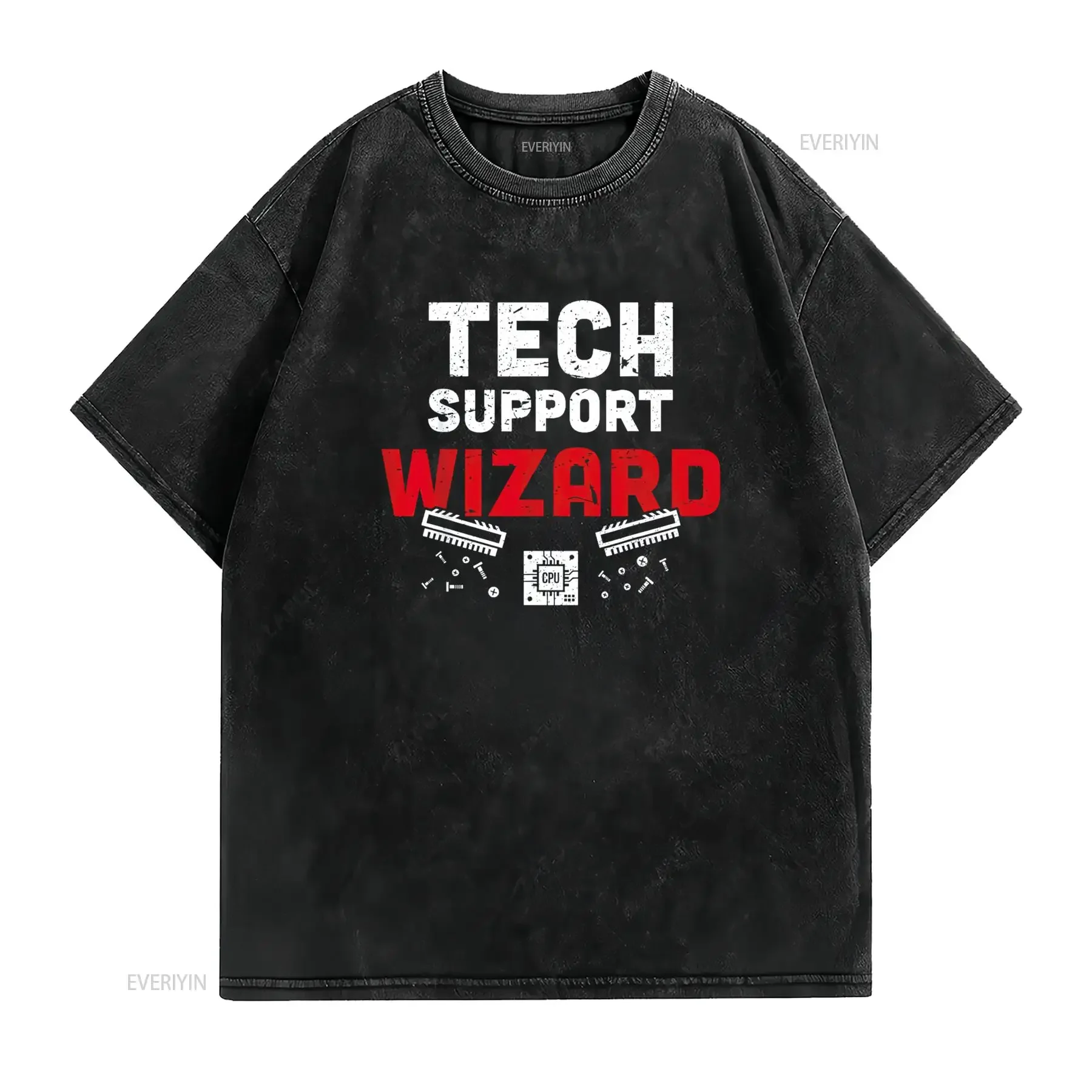 Tech Support Wizard Helpdesk and Computer Technician T Shirt vintage Washed Casual fashion streetwear Soft Versatile Slightly