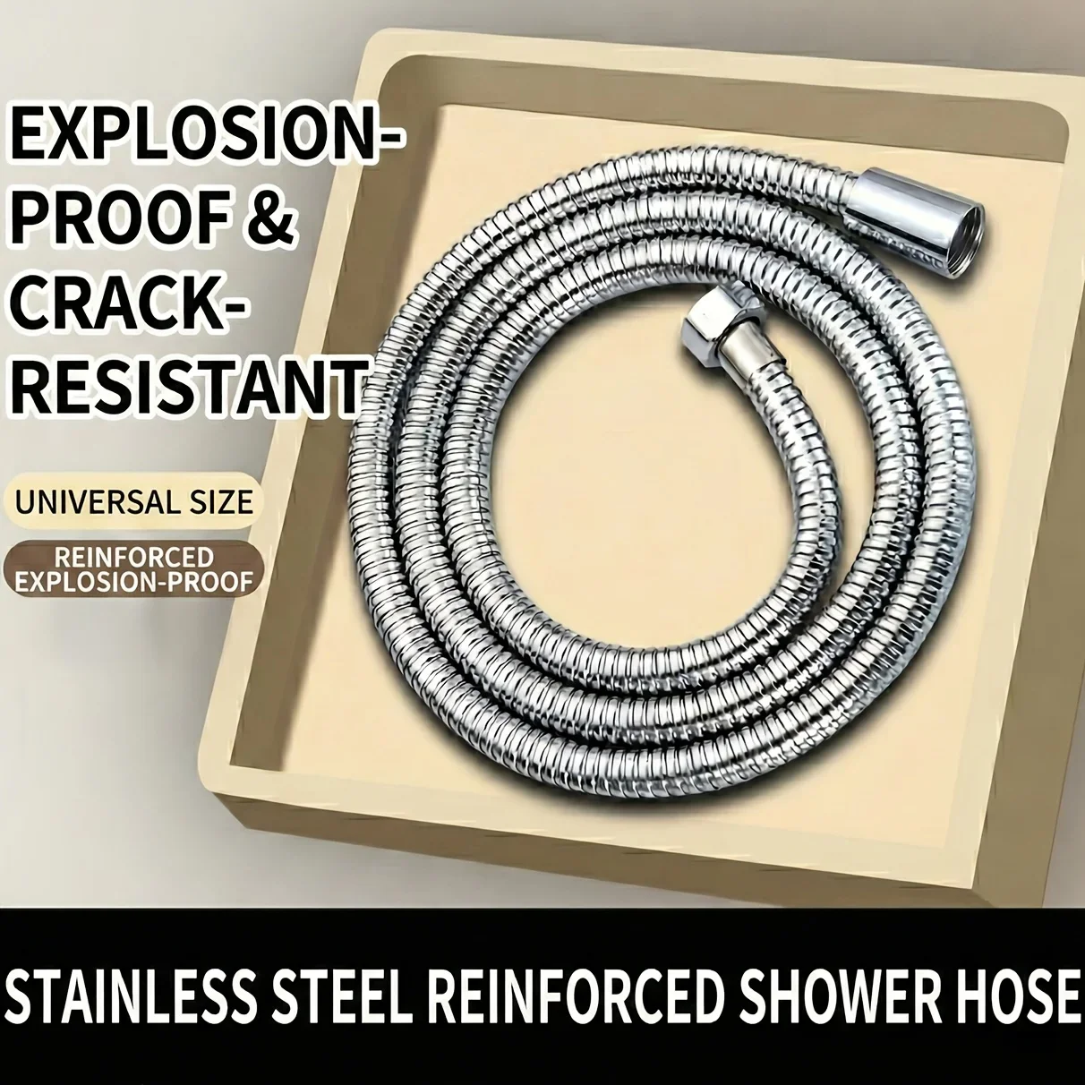 A silver/black/grey shower hose, with a 1m/1.5m/2m shower outlet pipe, G1/2 universal interface, stainless steel shower hose