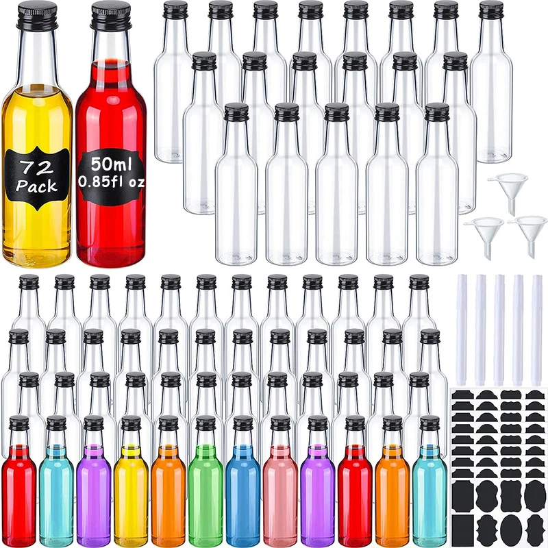 72/150Pcs 0.85oz Mini Liquor Bottles Reusable Plastic Empty Spirit Bottle Black with Screw Caps Liquid Funnel Labels Marker Pens