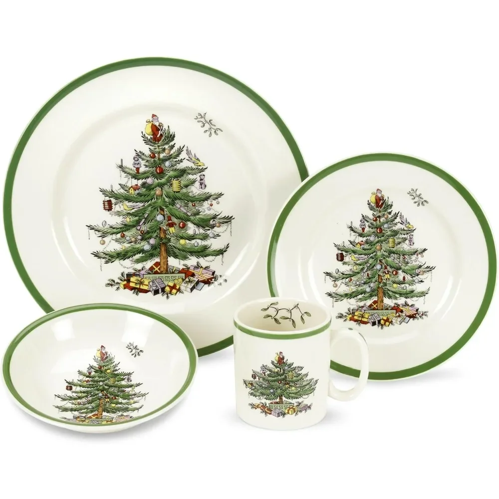 

Christmas Tree 4-Piece Dinnerware Setting | Made of Fine Earthenware Service for 1 Dinner Plate, Salad Plate Soup Christmas