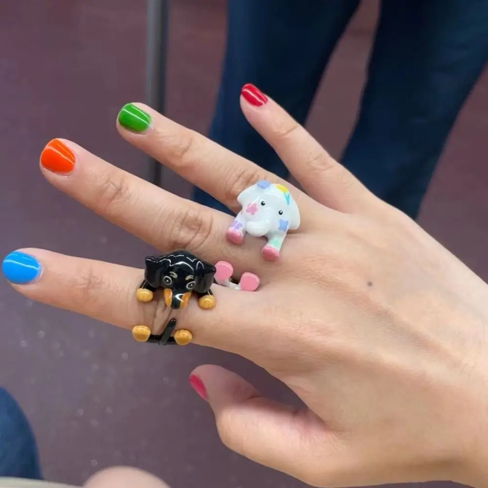 Alloy Cartoon Dachshund Ring Dripping Oil Jewelry Accessories Elephant Ring Adjustable Korean Style Funny Finger Buckle Men