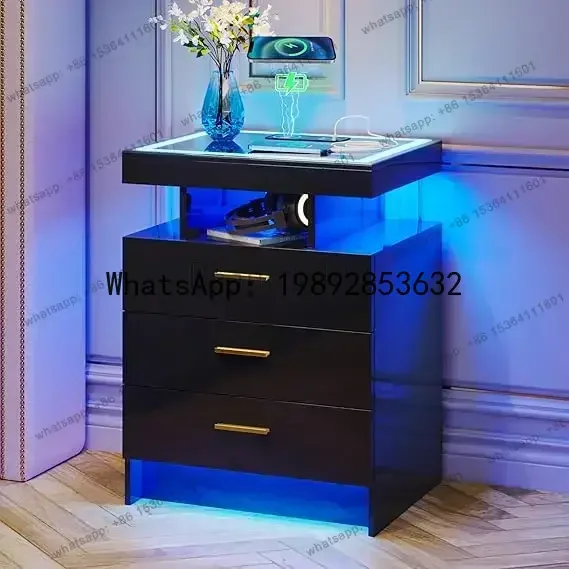 DF Modern Bedside Table 2 Set Nightstands With Wireless Charging Station, Auto Sensor 3 Color Dimmable LED Night Stand