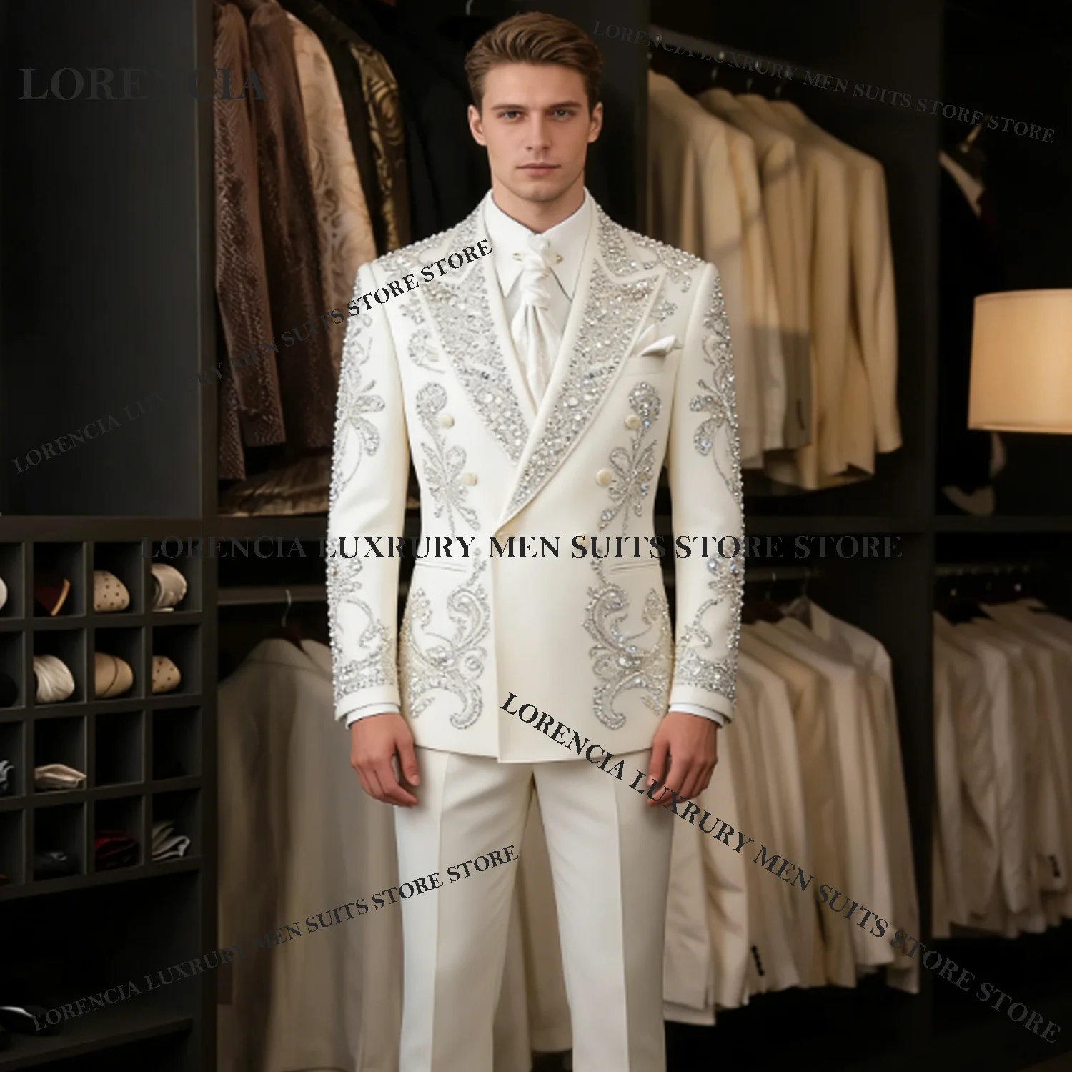 

Customized Sparkly Crystal Men Suit Intricate Diamond Paillette Wedding Tuxedos Slim Ropa hombre 2 Pieces Sets Groom Male Blazer