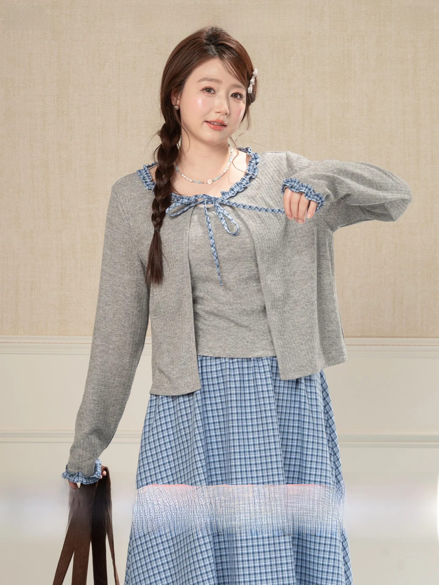 

Heynew plus Size Women's Wood ain Open Cardigan Strap Plaid Skirt Spring Set Ele plus Size Faion Ladies' Ou...