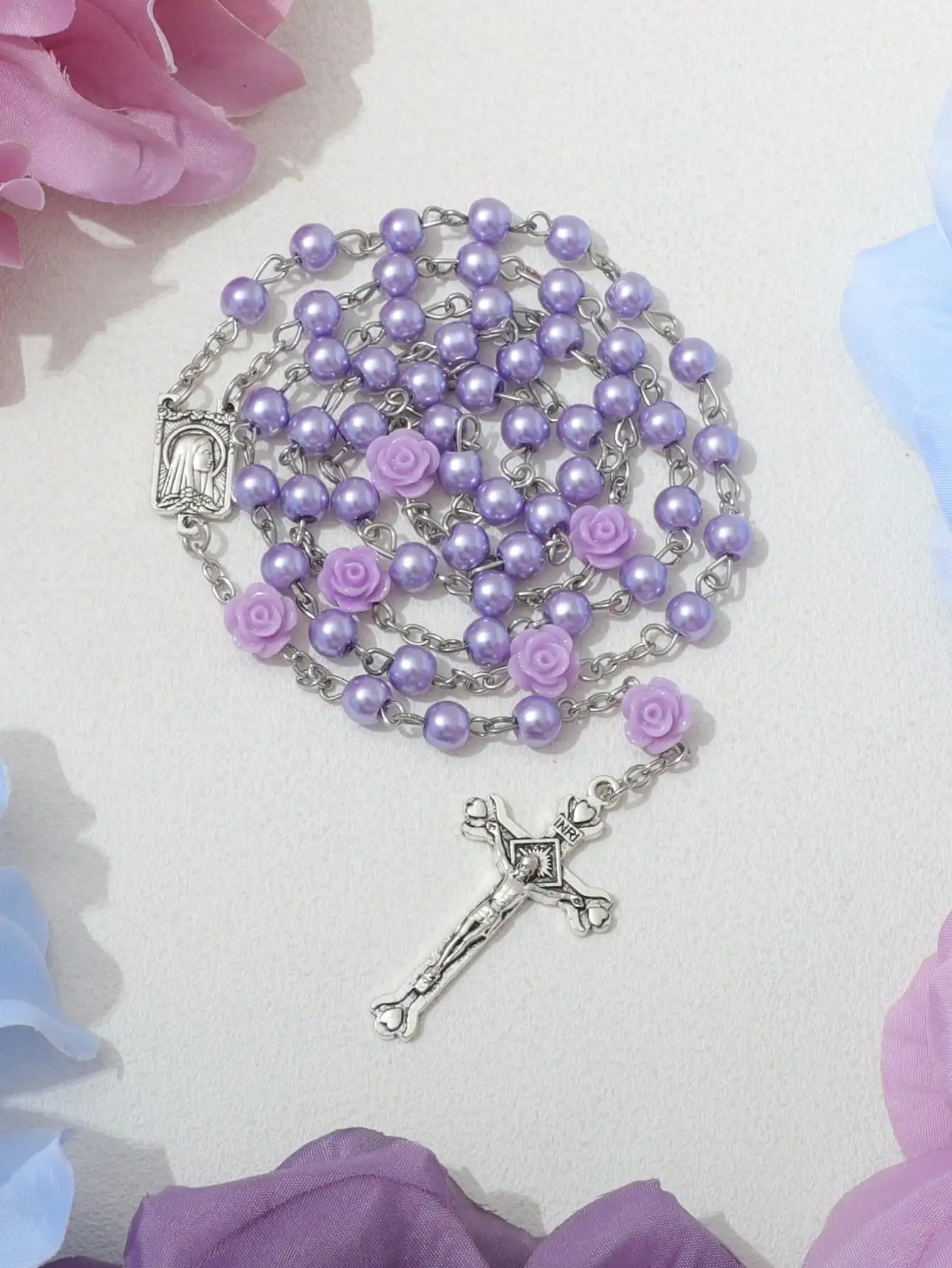 اللؤلؤ الديني العتيقة الأرجواني الصليب الوردية قلادة القلائد يسوع سانت بنديكت مطرز قلادة للرجال النساء المجوهرات #3