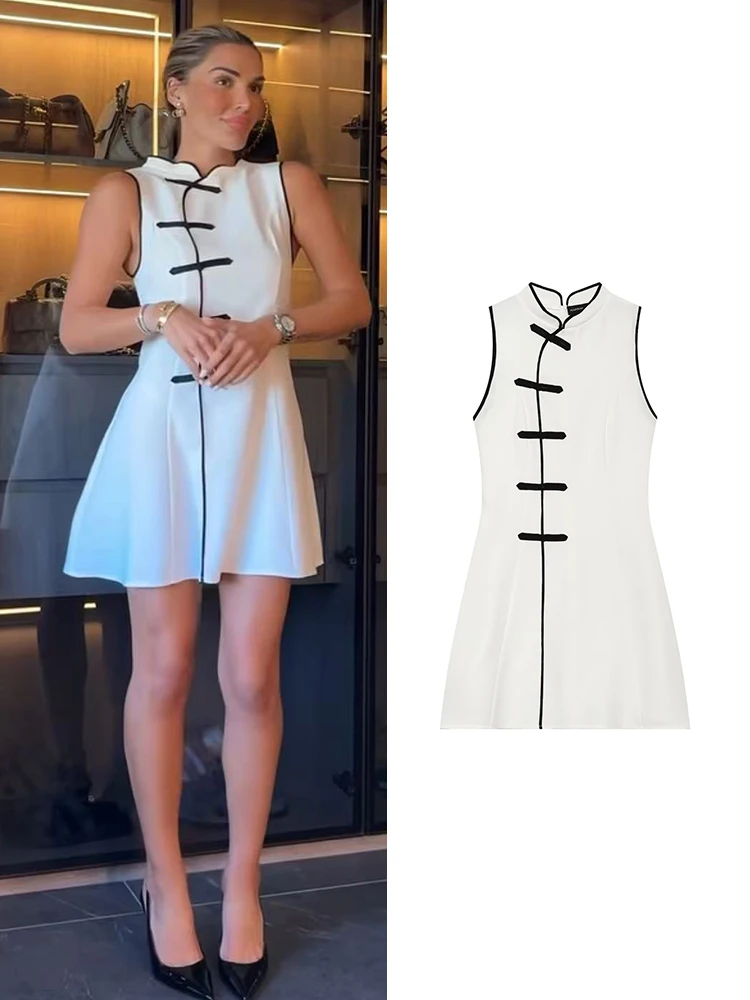 TFMLN Damen Sexy Minikleid Kontrastfarbe Unregelmäßige Knopfleiste Bodycon Ärmellos Party Club Kleid Mode Vintage Sommer Neu