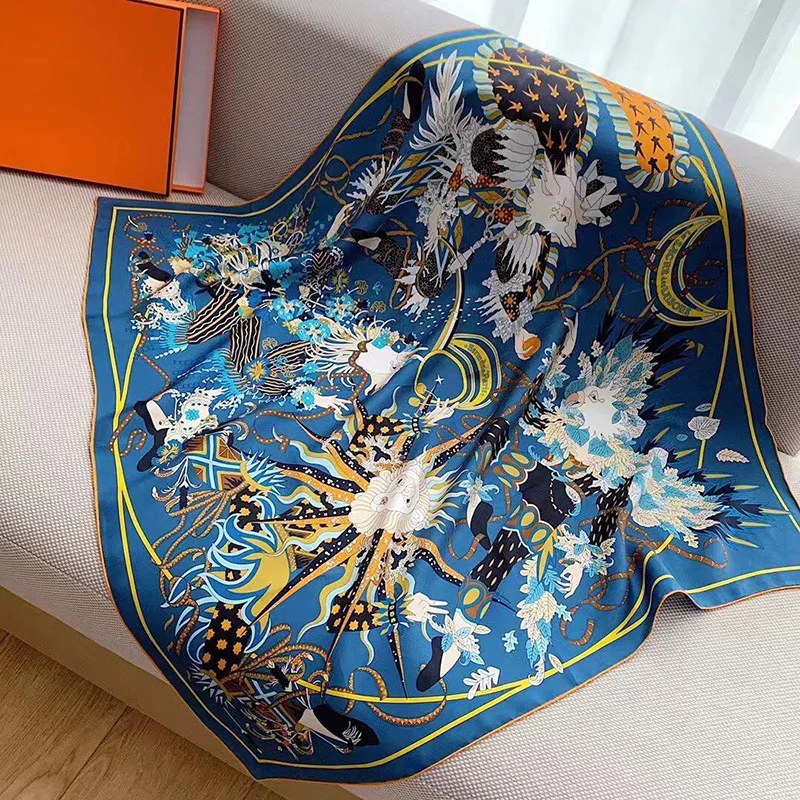 

Blue Silk Scarf Luxury Square Shawls Women Big Bandanas Hair Neck Accessories Valentine's Day Foulard Femme 135CM Clothing Tops