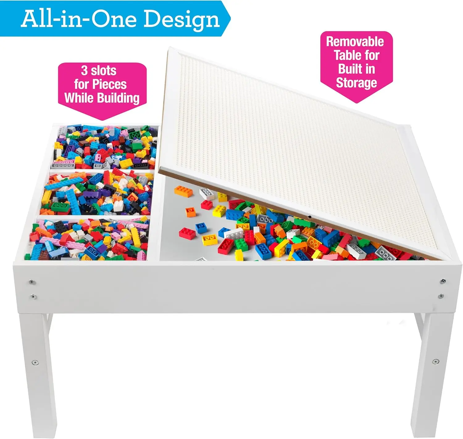 Brick Construction Play Table w 4 Storage Compartments & 1000 Rainbow Bricks- Build & Stack Block Pieces on Tabletop Baseplate G