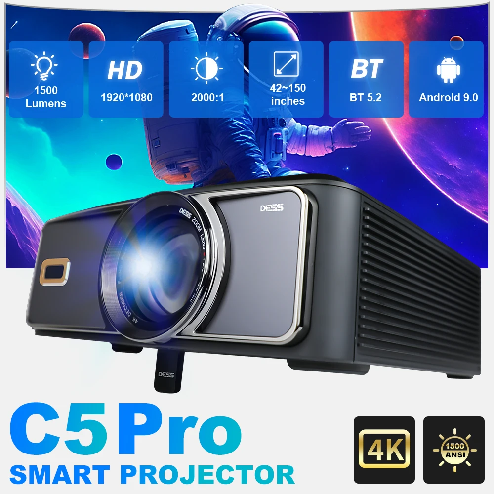 DESS 4K FULL HD Projector with WiFi6 Bluetooth Auto Focus Proyector 2500 Lumens 1080P Smart Projector for Home Theater