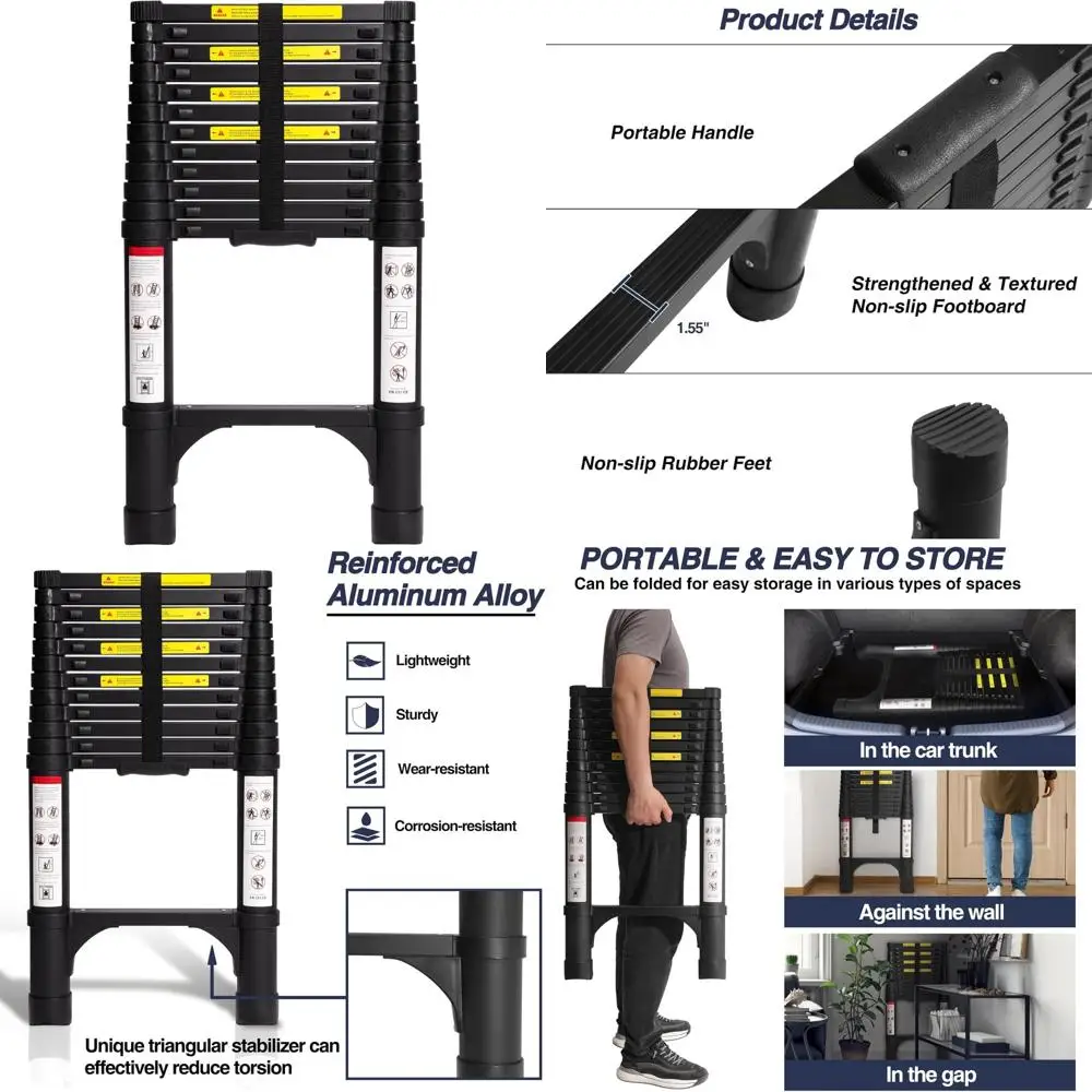 

Heavy Duty Aluminum Telescoping Ladder, 12.5 Feet Extension, Lightweight Collapsible, Multi-Purpose with 2 Triangle Stabilizers