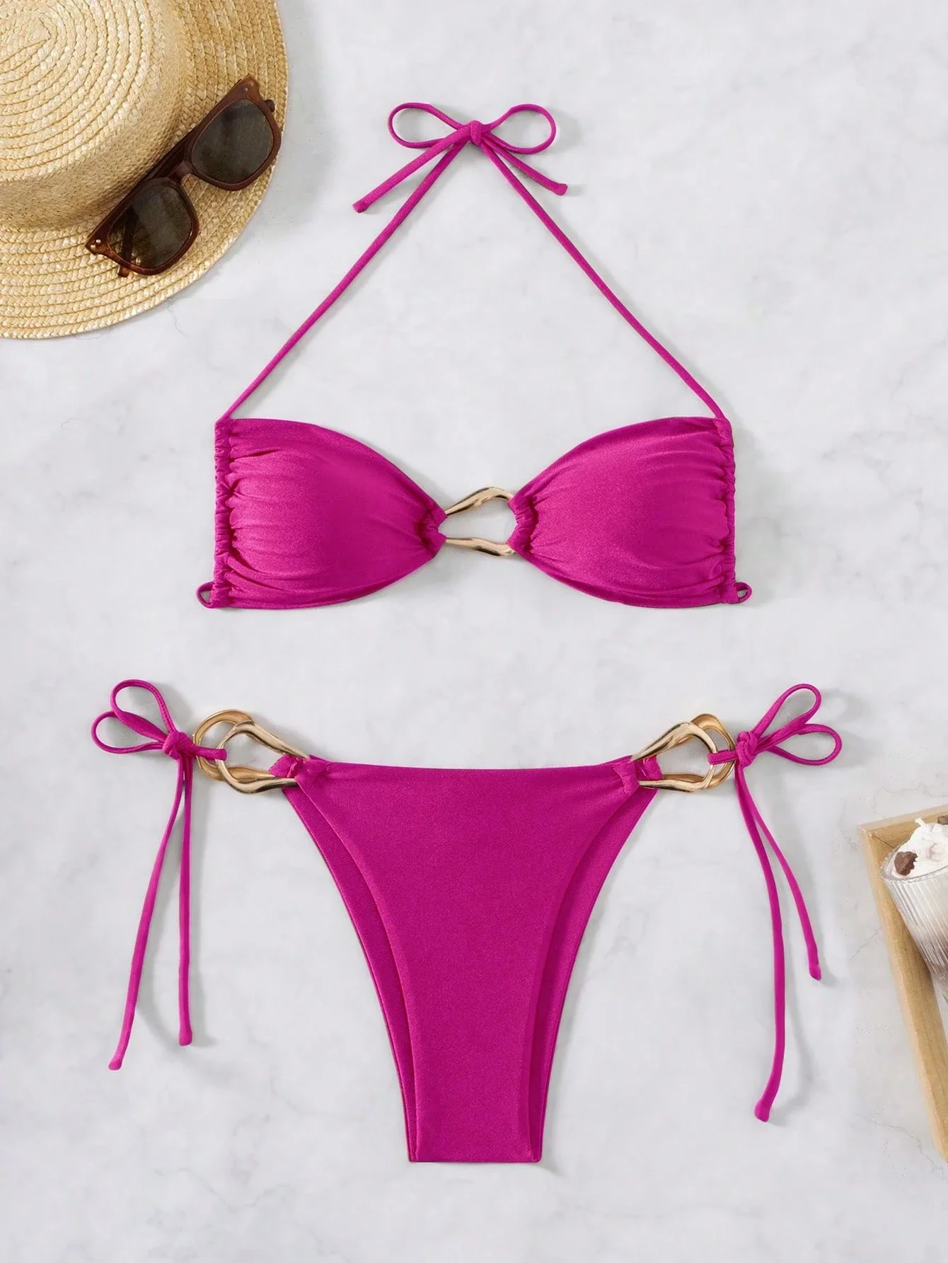 

Sexy Halter Neck Bikini Set With Gold Ring Detail For Beach Vacation