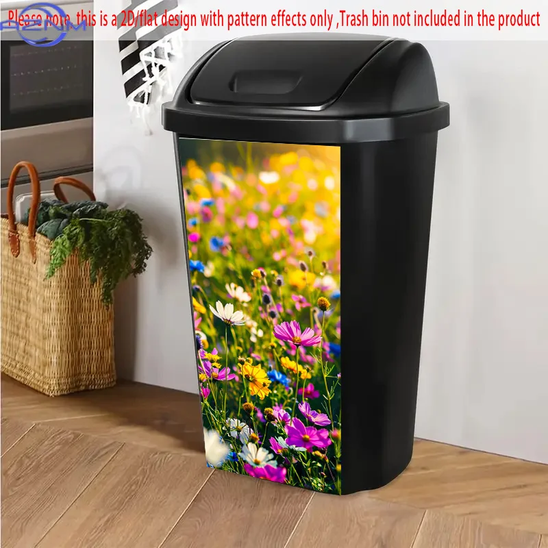 Sunlit Multicolored Flower Field Self-Adhesive Dustbin Stickers, Durable, Removable, PVC Decorative Stickers, Wheelie Bin Stic
