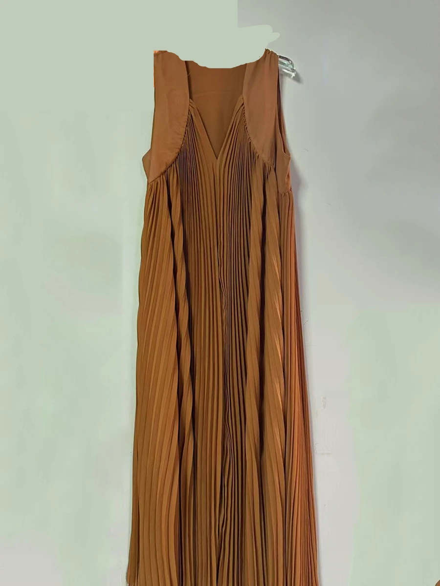 GALCAUR 솔리드 루즈 스플 라이스 폴드 미니멀리즘 드레스 여성용 V 넥 민소매 패치 워크 쉬어 우아한 드레스 여성 의류