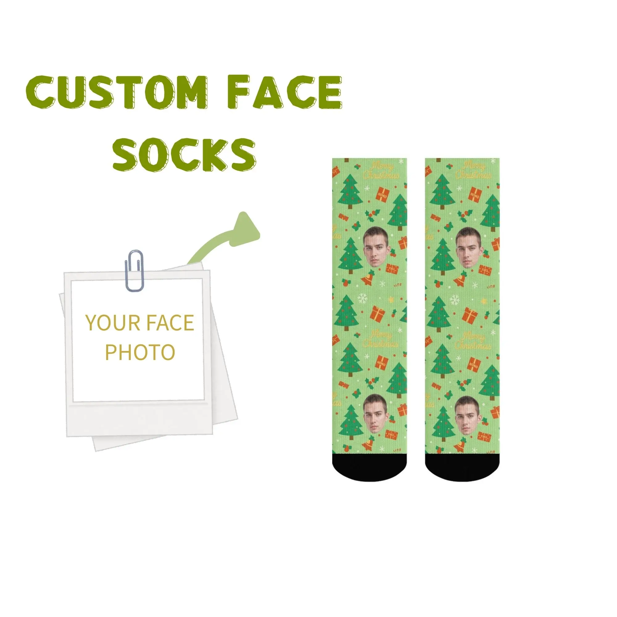 

Personalized Christmas Gift Crew Socks Custom Face with Tree Gift & Merry Christmas Festive Present for Friends & Relatives
