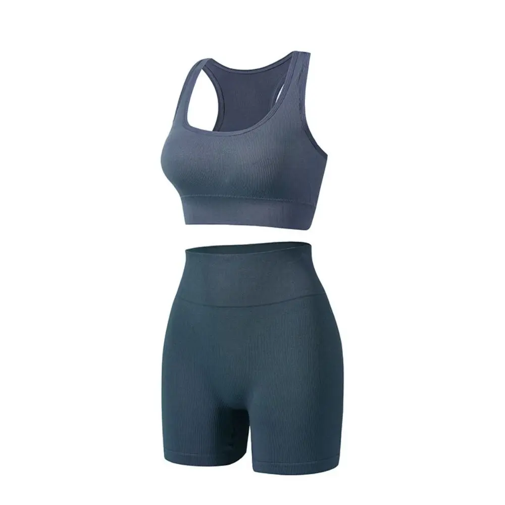 

2 Pieces Seamless Workout Outfits High Waist Short Ribbed Crop Matching Active Set Leggings Sleeveless Activewear Set Women