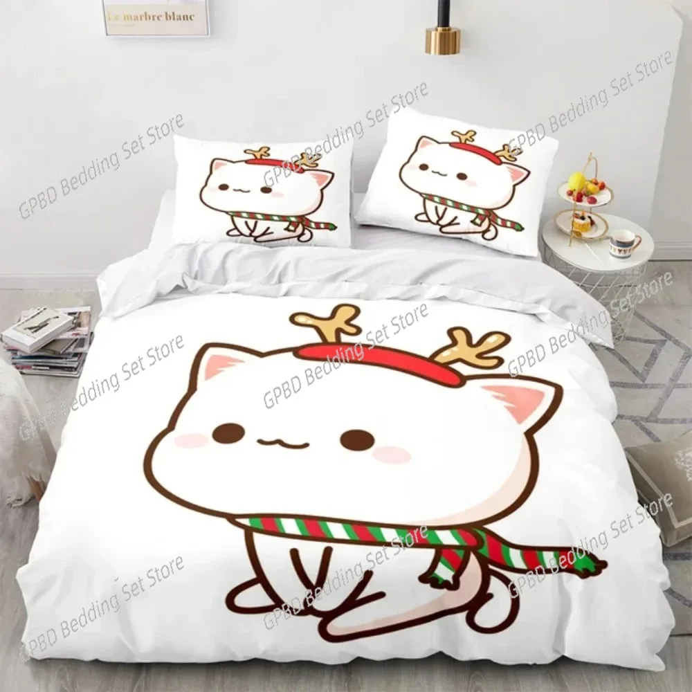 3D Print Cartoon Lovely Peach Cat Bedding Set Double Twin King Duvet Cover Comforter Pillowcase Boys Girls Adults Bedroom