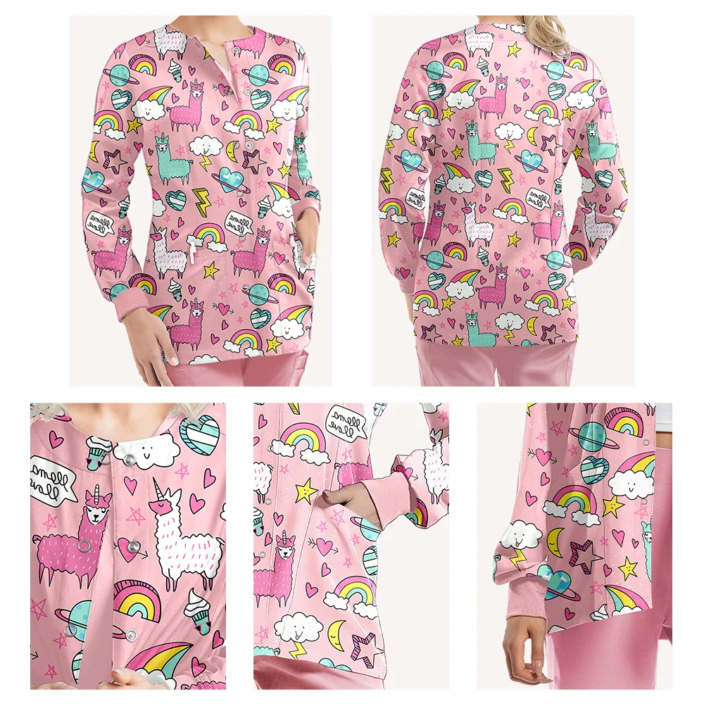 レディースカジュアル医療スクラブジャケットユニフォーム、柔らかく快適なポリエステルスパンデックス、長袖、シングルブレスト、プリント入り歯科医ジャケット