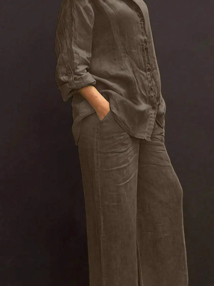

Solid Color Casual Linen Blouse And Wide Leg Pants Two Piece Set