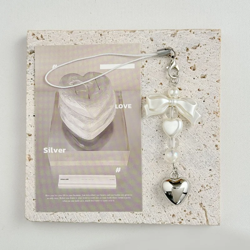 Simple Gift: A Sweet Pearl Silver HeartShaped Phone Chain, Bag Charm Or Keychain With A Bow. A Lovely Present For Ladies.