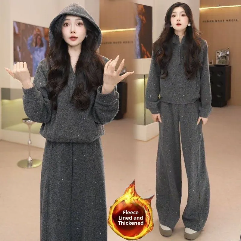 

Thickened Fleece Winter Sportswear Set Women's Fashion Slim Fit Glitter Hoodie Wide Leg Pants Two Piece Set Casual Style